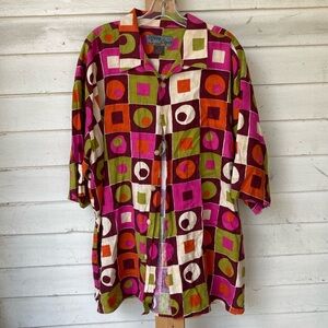 Colorful Retro Geometric Button-Up Shirt - Pink, Green, Orange